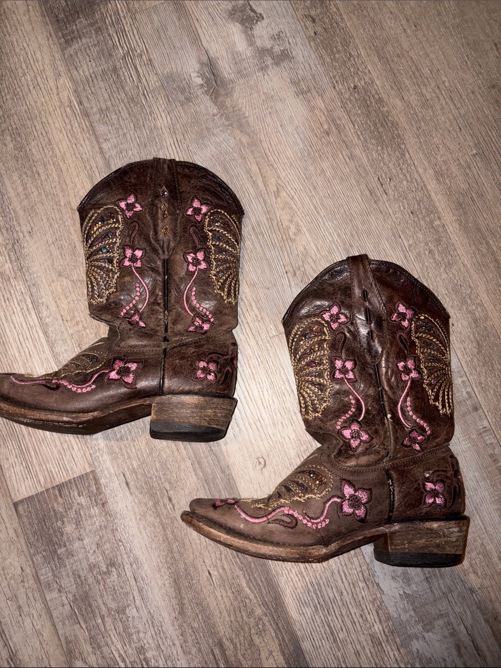 Kids Brown Western Boots with Pink Floral Embroidery